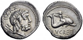  The Roman Republic   L. Lucretius Trio. Denarius 76, AR 3.98 g. Laureate head of Neptune r., trident over far shoulder; behind head, XXXII. Rev. Wing...