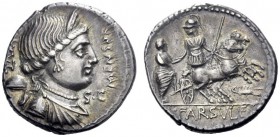  The Roman Republic   L. Farsuleius Mensor. Denarius 75, AR 3.94 g. MENSOR Diademed and draped bust of Libertas r.; behind, ^XX­ / pileus . Below chin...