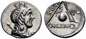  The Roman Republic   Cn. Cornelius Lentulus. Denarius, Spain (?) 76-75, AR 3.93 g. Draped bust of the Genius Populi Romani r., hair tied with band an...