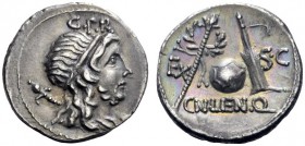  The Roman Republic   Cn. Cornelius Lentulus. Denarius, Spain (?) 76-75, AR 3.90 g. Draped bust of the Genius Populi Romani r., hair tied with band an...