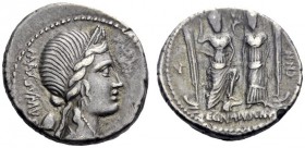  The Roman Republic   C. Egnatius Cn. f. Cn. n. Maxumus. Denarius 75, AR 4.32 g. MAXSVMVS Laureate and diademed bust of Libertas r.; behind, pileus . ...