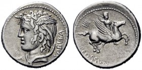  The Roman Republic   C. Cossutius C.f. Sabula. Denarius 74, AR 3.86 g. SABVLA Head of Medusa l. Rev. Bellerophon on Pegasus r., brandishing spear wit...
