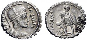  The Roman Republic   Mn. Aquillius. Denarius serratus 71, AR 3.97 g. VIRTVS – III VIR Helmeted and draped bust of Virtus r. Rev. MN AQVIL – MN·F MN·N...