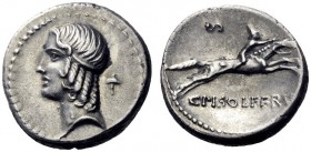  The Roman Republic   C. Piso L.f. Frugi. Denarius 67, AR 3.64 g. Head of Apollo l., hair bound with fillet; behind, hammer. Rev. Horseman running r.;...
