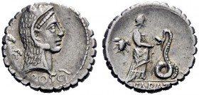  The Roman Republic   L. Roscius Fabatus. Denarius serratus 64, AR 3.93 g. Head of Juno Sospita r.; behind, uncertain symbol and below neck truncation...