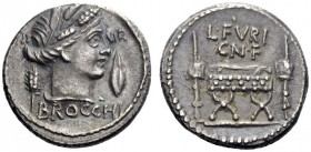  The Roman Republic   L. Furius Cn. f. Brocchus. Denarius 63, AR 3.98 g. III – VIR Head of Ceres r.; at sides, corn ear and barley grain. Below, BROCC...