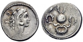  The Roman Republic   Faustus Cornelius Sulla . Denarius 56, AR 3.91 g. Head of Hercules r., wearing lion’s skin; in l. field, S·C FAVSTVS in monogram...