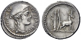  The Roman Republic   Cn. Plancius . Denarius 55, AR 3.71 g. CN·PLANCIVS – AED·CVR·S·C Female head r., wearing causia . Rev. Cretan goat r.; behind, b...