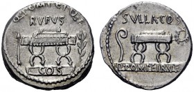  The Roman Republic   Q. Pompeius Rufus. Denarius 54, AR 3.61 g. Q·POMPEI·Q·F / RVFVS Curule chair; on l., arrow and on r., laurel branch; below, COS ...