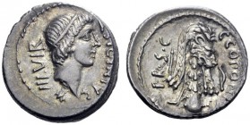  The Roman Republic   Q. Sicinius and C. Coponius. Denarius, mint moving with Pompey 49, AR 3.96 g. Q·SICINIVS – III·VIR Head of Apollo r., hair tied ...