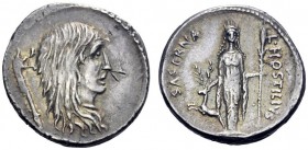  The Roman Republic   L. Hostilius Saserna . Denarius 48, AR 4.03 g. Female head r. with long hair; behind, carnyx . Rev. L·HOSTILIVS – SASERNA Artemi...
