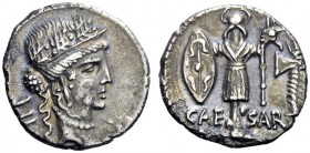  The Roman Republic   Julius Caesar. Denarius, mint moving with Caesar 48-47, AR 3.64 g. Female head r., wearing diadem and oak wreath; behind, ^II. R...