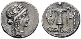  The Roman Republic   Julius Caesar. Denarius, mint moving with Caesar 48-47, AR 4.14 g. Female head r., wearing diadem and oak wreath; behind, ^II. R...