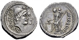  The Roman Republic   Mn. Cordius Rufus. Denarius 46, AR 3.95 g. RVFVS·III.VIR Jugate heads of Dioscuri r., wearing laureate pileii . Rev. MN. CORDIVS...