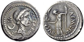  The Roman Republic   Julius Caesar and L. Aemilius Buca. Denarius 44, AR 3.97 g. CAESAR·IM – P – M Wreathed head of Caesar r.; behind, crescent. Rev....