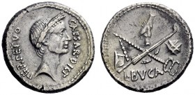  The Roman Republic   Julius Caesar and L. Aemilius Buca. Denarius 44, AR 4.10 g. CAESAR·DICT – PERPETVO Wreathed head of Caesar r. Rev. Fasces and ca...
