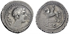  The Roman Republic   Octavianus. Denarius, Gallia Cisalpina and Italy 43, AR 3.80 g. C·CAESAR – IMP Bare head of Octavian r. Rev. Equestrian statue l...