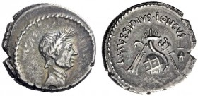  The Roman Republic   L. Mussidius Longus . Denarius 42, AR 3.99 g. Laureate head of Caesar r. Rev. L·MVSSIDIVS·LONGVS Rudder, cornucopiae on globe, c...