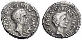  The Roman Republic   M. Aemilius Lepidus and C. Caesar Octavianus . Denarius, Italy 42, AR 3.96 g. LEPIDVS·PONT·MAX – III·V·R·P·C Bare head of M. Lep...