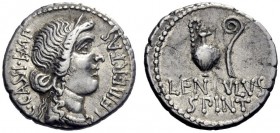  The Roman Republic   C. Cassius and Lentulus Spinther. Denarius, mint moving with Brutus and Cassius 43-42, AR 3.68 g. C·CASSI·IMP – LEIBERTAS Diadem...