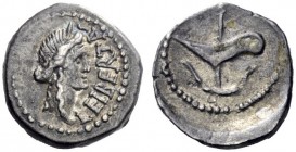  The Roman Republic   M. Junius Brutus. Quinarius , mint moving with Brutus 43-42, AR 1.82 g. LIBERTAS Laureate head of Libertas r. Rev. Prow-stem and...