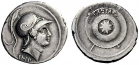  The Roman Empire   Octavian, 32 – 27 BC  Denarius, Brundisium or Roma (?) 29-27 BC, AR 3.77 g. Helmeted head of Mars r. Rev. Round shield set on cros...