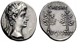  The Roman Empire   Octavian as Augustus, 27 BC – 14 AD  Denarius, Colonia Patricia circa 20-19 BC, AR 3.69 g. Laureate head r. Rev. Two laurel-branch...
