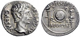  The Roman Empire   Octavian as Augustus, 27 BC – 14 AD  Denarius, Colonia Patricia circa 19, AR 3.87 g. Bare head r. Rev. Aquila on l. and standard o...