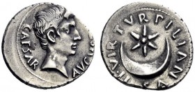  The Roman Empire   Octavian as Augustus, 27 BC – 14 AD   P. Petronius Turpilianus. Denarius circa 19 BC, AR 3.75 g. Bare head r. Rev. Six-rayed star ...