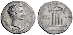  The Roman Empire   Octavian as Augustus, 27 BC – 14 AD  Cistophoric tetradrachm, Pergamum circa 19-18 BC, AR 11.47 g. Bare head r. Rev. Hexastyle tem...