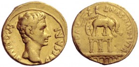  The Roman Empire   Octavian as Augustus, 27 BC – 14 AD  Aureus, Colonia Patricia July 18 BC-17/16 BC, AV 7.77 g. Bare head r. Rev. Augustus, veiled, ...