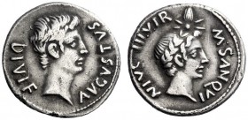  The Roman Empire   Octavian as Augustus, 27 BC – 14 AD   M. Sanquinius. Denarius circa 17 BC, AR 3.71 g. Bare head of Augustus r. Rev. Laureate head ...