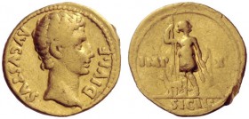  The Roman Empire   Octavian as Augustus, 27 BC – 14 AD  Aureus, Lugdunum circa 15-13 BC, AV 7.77 g. Bare head r. Rev. Diana, in short hunting tunic, ...
