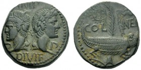  The Roman Empire   Octavian as Augustus, 27 BC – 14 AD  As, Nemausus circa 10-14 AD, Æ 13.19 g. Heads of Agrippa and Augustus back to back. Rev. Croc...