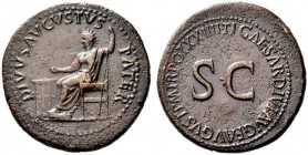  The Roman Empire   Octavian as Augustus, 27 BC – 14 AD   Divus Augustus.  Sestertius 22-23, Æ 24.37 g. Augustus, radiate, seated l., feet on stool, h...