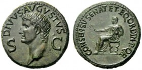  The Roman Empire   Octavian as Augustus, 27 BC – 14 AD   Divus Augustus.  Dupondius circa 37-41, Æ 14.57 g. Radiate head l. Rev. Augustus seated l. o...