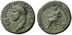  The Roman Empire   Octavian as Augustus, 27 BC – 14 AD   Divus Augustus.  Dupondius circa 37-41, Æ 15.08 g. Radiate head l. Rev. Augustus seated l. o...