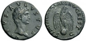  The Roman Empire   Octavian as Augustus, 27 BC – 14 AD   Divus Augustus.  As circa 98 AD, Æ 11.24 g. Bare head r. Rev. Eagle standing facing on globe...