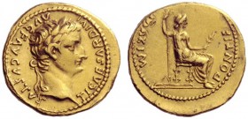  The Roman Empire   Tiberius augustus, 14 – 37  Aureus, Lugdunum 14-37, AV 7.80 g. Laureate head r. Rev. Pax-Livia figure seated r. on chair with orna...