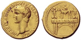  The Roman Empire   In the name of Nero Claudius Drusus, father of Claudius  Aureus circa 41-45, AV 7.71 g. Laureate head l. Rev. Triumphal arch surmo...
