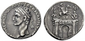  The Roman Empire   In the name of Nero Claudius Drusus, father of Claudius  Denarius circa 41-45, AR 3.64 g. Laureate head l. Rev. Triumphal arch, on...