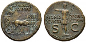  The Roman Empire   In the name of Germanicus, father of Gaius  Dupondius 37-41, Æ 15.80 g. Germanicus, bare-headed and cloaked, standing in ornamente...