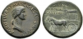  The Roman Empire   In the name of Agrippina Senior, mother of Gaius  Sestertius circa 37-41, Æ 28.09 g. Draped bust r., hair falling in long plait at...