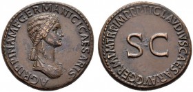  The Roman Empire   In the name of Agrippina Senior, mother of Gaius  Sestertius circa 50-54, Æ 28.89 g. Draped bust r., hair falling in long plait at...