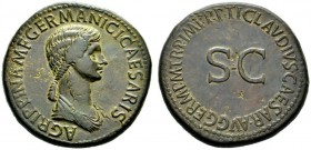  The Roman Empire   In the name of Agrippina Senior, mother of Gaius  Sestertius circa 50-54, Æ 28.31 g. Draped bust r., hair falling in long plait at...