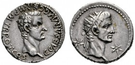  The Roman Empire   Gaius, 37-41  Denarius, Lugdunum 37-38, AR 3.83 g. Bare head of Gaius r. Rev. Radiate head of Augustus or Tiberius r. between two ...