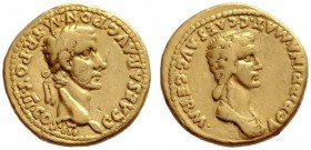  The Roman Empire   Gaius, 37-41  Aureus 40, AV 7.62 g. Head of Gaius r. Rev. Draped bust of Agrippina r. C 5. RIC 21. Calicó 327.  Very rare. Very fi...