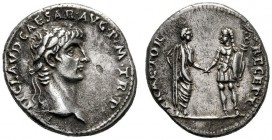  The Roman Empire   Claudius, 41 – 54  Denarius 41-42, AR 3.59 g. Laureate head r. Rev. Claudius togate standing r., clasping hands with long-haired s...