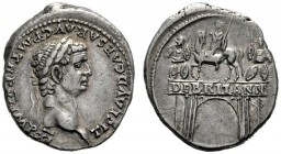  The Roman Empire   Claudius, 41 – 54  Denarius, 46-47, AR 3.89 g. Laureate bust r. Rev. DE BRITANN on architrave of triumphal arch surmounted by eque...