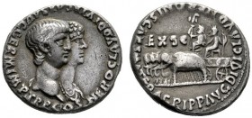  The Roman Empire   Nero augustus, 54 – 68  Denarius 55, AR 3.55 g. Jugate busts r. of Nero, bareheaded and Agrippina II, draped. Rev. Quadriga of ele...